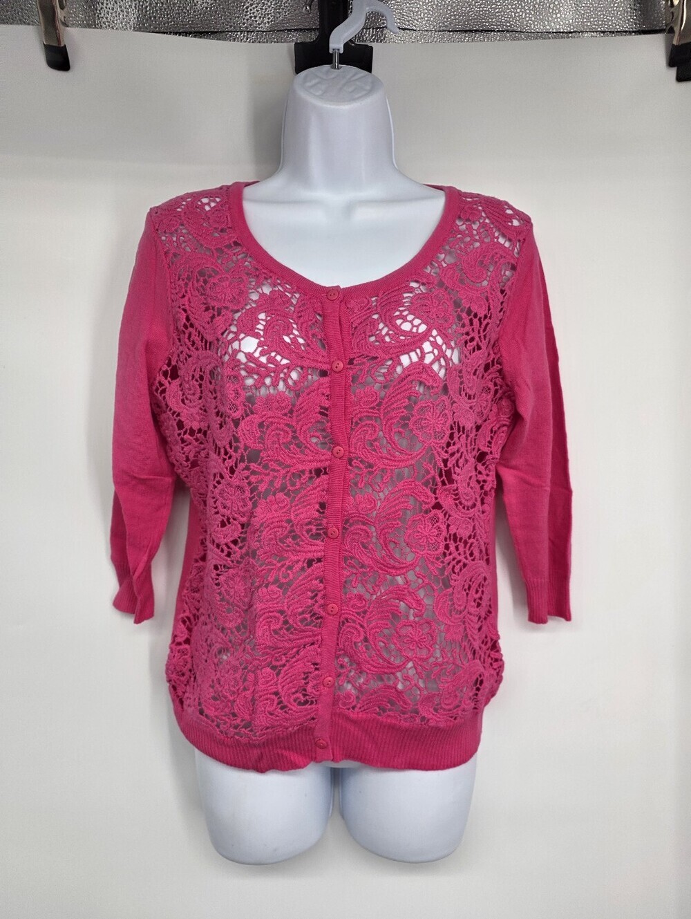 Nue Options Petites Pink Lace Front Cardigan Sweater M Medium NWT Button Up 3/4
